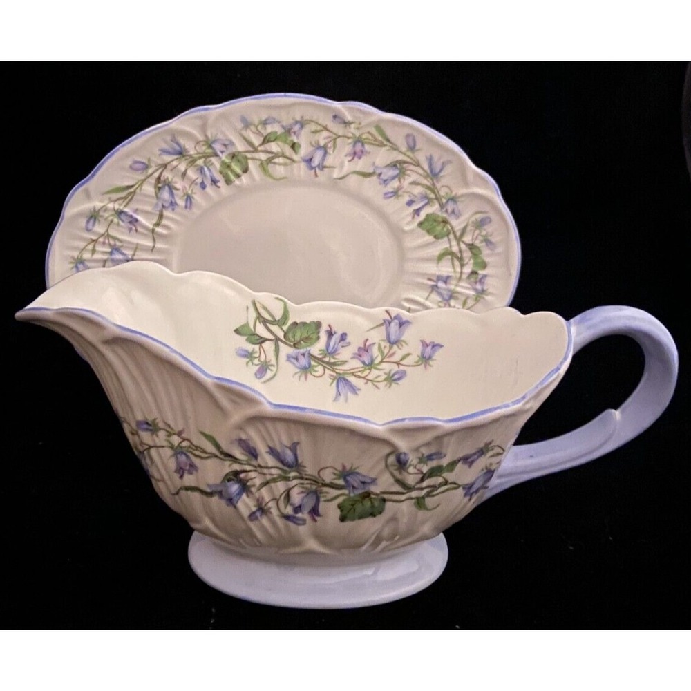 Shelley Harebell Gravy Boat‎ w/ Underplate Oleander Shape Blue Flowers